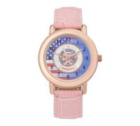 U.S.A and Minnesota State Flag Funny Watches for Women Pink Leather Strap Quartz Watch for Small Wrists