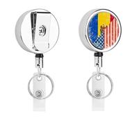 U.S.A and Moldova Vintage Flag Cute Retractable Metal ID Badge Holder Reel Clip Keychain for Office Work