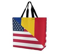 U.S.A And Romania Flag Lightweight Large Shopping Bag with Inside Pocket Reusable Grocery Bags Foldable Shoulder Handbag