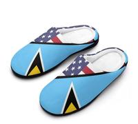 U.S.A And Saint Lucia Flag Men's Cotton Slippers Indoor House Shoes Warm Gift for Travel Bedroom Hotel 13-14（46-47）