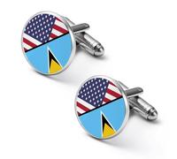 U.S.A And Saint Lucia Flag Round Classic Cufflinks Metal Cuff Links for Men Suit Shirts Accessories Anniversary Birthday Gift 1.7cm