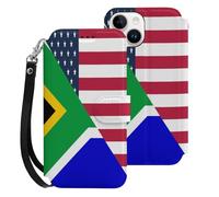 U.S.A And South Africa Flag Leather Wallet Phone Case Compatible with iPhone 15 Series Wrist Strap Printed Flip Protective Cover