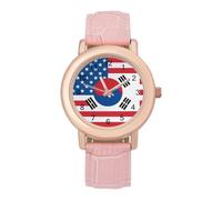 U.S.A and South Korean Flag Women's Leather Watch Easy Reader Minimalist Wristwatch Pink Rose Gold Strap Watches