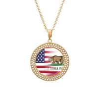 U.S.A California State Flag Round Pendant Necklace Diamond Edging Brilliant Personalized Jewelry Gifts for Women Golden-style