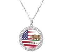U.S.A California State Flag Round Pendant Necklace Diamond Edging Brilliant Personalized Jewelry Gifts for Women Silver-style