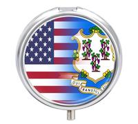 U.S.A Connecticut State Flag Round Pill Box Organiser 3 Compartment Portable Medicine Case