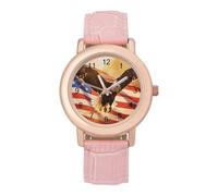 U.S.A. Eagles Soaring Women's Leather Watch Easy Reader Minimalist Wristwatch Pink Rose Gold Strap Watches