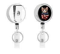 U.S.A. Flag Cat Cute Retractable Metal ID Badge Holder Reel Clip Keychain for Office Work