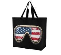 U.S.A Flag Goggles Lightweight Large Shopping Bag with Inside Pocket Reusable Grocery Bags Foldable Shoulder Handbag