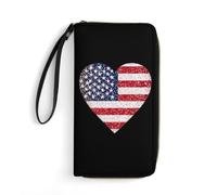 U.S.A Flag Heart Glittery Leather Zipper Wallet with Wrist Strap Men's Coin Purse Large Capacity Credit Card Holder