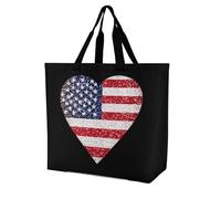 U.S.A Flag Heart Glittery Lightweight Large Shopping Bag with Inside Pocket Reusable Grocery Bags Foldable Shoulder Handbag