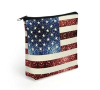 U.S.A. Flag Red Blue Sparkles Glitters Travel Makeup Bag Toiletry Cosmetic Pouch Aesthetic Organizer Pencil Case Pen Holder 8.3 X 7.5 Inch
