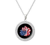 U.S.A. Flag Rose Fashion Necklace Chain Round Graphic Pendant with Diamond Jewellery Silver-style