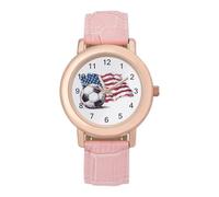 U.S.A Flag Soccer Football Womens Leather Strap Elegant Lady Wrist Watches Casual Band Three-Hand Watch