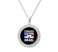 U.S.A Israel Stand with Round Pendant Necklace Diamond Edging Brilliant Personalized Jewelry Gifts for Women Silver-style