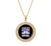 U.S.A Israel Stand with Round Pendant Necklace Diamond Edging Brilliant Personalized Jewelry Gifts for Women Golden-style