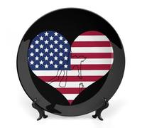 U.S.A Love Heart Flag Bone China Decorative Plate Ceramic Wall Dinner Plates with Display Stand for Home Kitchen Decor 8inch