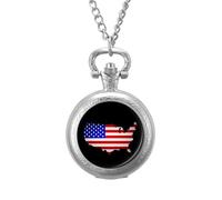 U.S.A Map Flag Vintage Pocket Watches Roman Numerals Quaretz Watch with Chain Christmas Birthday Gifts Silver-Style