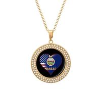 U.S.A. State of Kansas Flag Heart Women's Custom Pendant Necklace Round Diamond Necklaces Jewelry Gifts for Men Birthday