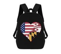 U.S.A. State of Maryland Flags Heart Printed 17 Inch Daypack Unisex Shoulder Backpacks Travel Laptop Backpack for Women Men