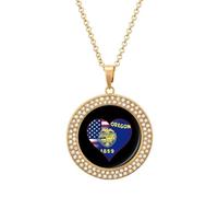 U.S.A. State of Oregon Flags Heart Women's Custom Pendant Necklace Round Diamond Necklaces Jewelry Gifts for Men Birthday