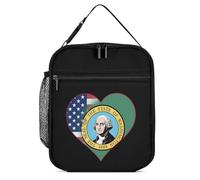 U.S.A. State of Washington Flag Heart Printed Insulated Lunch Box Portable Lunch Bag with Detachable Handle for Travel Work Picnic