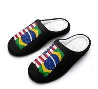 U.S. And Brazil Flag Cotton Women's Slip-on Slippers Winter Warm House Shoes with Rubber Sole for Home Office Hotel