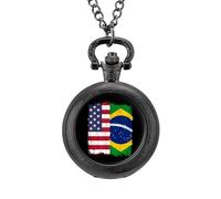 U.S. and Brazil Flag Men's Pocket & Fob Watches Silent Ticking Quartz Alloy Chain Watch for Daily Use Black-Style