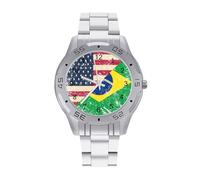 U.S. and Brazil Vintage Flag Classic Wrist Watches for Men Casual Business Watch Stainless Steel Band for Boyfriend Father