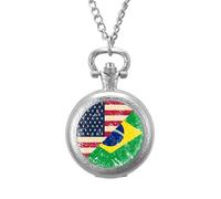 U.S. and Brazil Vintage Flag Vintage Pocket Watch with Chain Classic Numerals White Dial