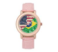 U.S. and Brazil Vintage Flag Women's Leather Watch Easy Reader Minimalist Wristwatch Pink Rose Gold Strap Watches