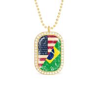 U.S. And Brazil Vintage Flag Women's Square White Diamond Necklace Adjustable Pendant Chain Gift for Mom
