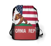 U.S. And California State Flag Trendy Drawstring Backpack Lightweight Gym Bag with Shoes Compartment Printed String Daypack