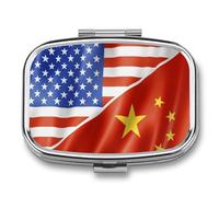 U.S. and China Flag Funny Square Pill Organizer Travel Pharmacy Box Portable Medicine Case with 2 Compartments