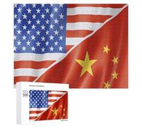 U.S. And China Flag Funny Wooden Puzzle with Storage Box Adults Jigsaw Puzzles Challenge for Family Game Birthday Gift