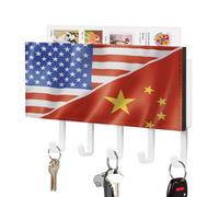 U.S. and China Flag Wall Mounted Key Holder with 5 Key Hooks Hanging Mail Organizer Rack for Entryway
