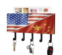 U.S. and China Flag Wall Mounted Key Holder with 5 Key Hooks Hanging Mail Organizer Rack for Entryway