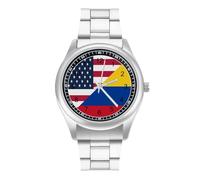 U.S. and Columbia Flag Watch for Men Metal Band Watches Business Gift Three-Hand Wrist Watch for Boyfriend Father