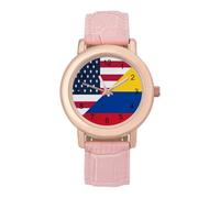 U.S. and Columbia Flag Watch for Women Pink Leather Strap Ladies Watches Round Case Three-Hand Wrist Watch