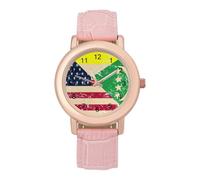 U.S. and Comoros Retro Flag Leather Fashion Women Watch Simplicity Round Wristwatch Easy Reader Ladies Watches
