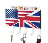 U.S. and English Flag Wall Mounted Key Holder with 5 Key Hooks Hanging Mail Organizer Rack for Entryway