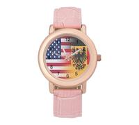 U.S. and German Flag Women's Watch Pink Rose Gold Strap Wristwatch Minimalist Easy Reader Watchec