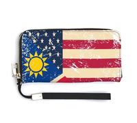 U.S. and Namibia Vintage Flag Women's Bifold Wallet Leather Card Holder Purse Fashion Clutch Handbag with Hand Rope 20.0 * 10.5cm