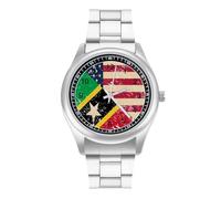U.S. and Nevis Vintage Flag Trendy Wrist Watches for Men Classic Quartz Stainless Steel Strap Watch