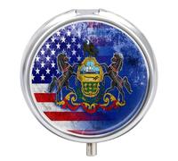 U.S. and Pennsylvania State Flag Small Pill Organizer for Travel Portable Mini Pills Box with 3 Compartments Round Medicine Case Container