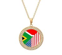 U.S. And South Africa Flag Women's Round Diamond Necklace Vintage Alloy Pendants Multicolored Sparkly Jewelry