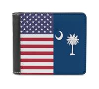 U.S. and South Carolina State Flag Leather Bifold Wallet for Men Slim Card Cases with 6 Slot Minimalist Purse Coin Clip