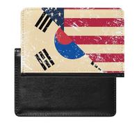 U.S. and South Korea Vintage Flag Printed Passport Holder Cover Leather Passport Wallet Slim Card Case for Travel