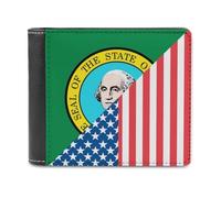 U.S. and Washington State Flag Leather Bifold Wallet for Men Slim Card Cases with 6 Slot Minimalist Purse Coin Clip