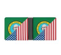 U.S. and Washington State Flag Leather Bifold Wallet for Men Slim Card Cases with 6 Slots Minimalist Coin Purse